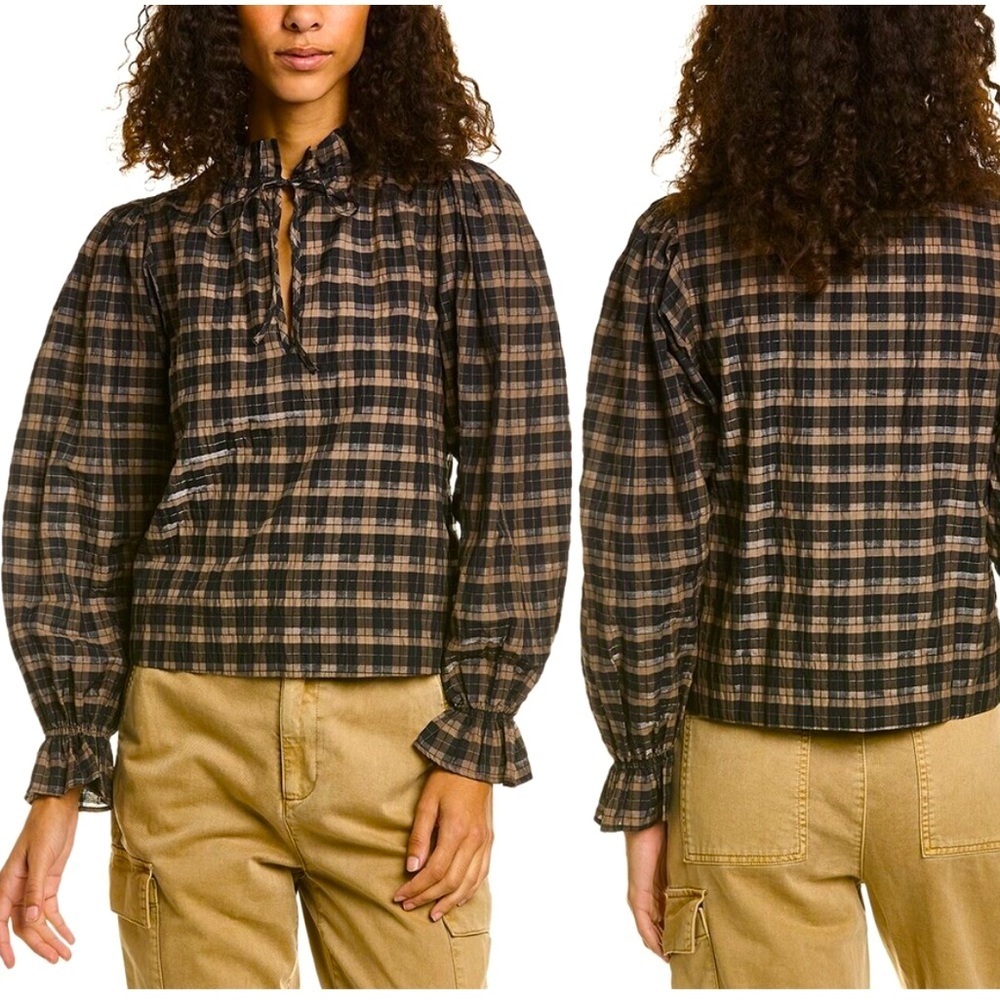 Ganni Seersucker Blouse Plaid Brown/Black Ruffle Elastic Cuff Relaxed Fit SZ S